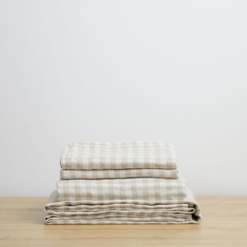 Natural Gingham, Linen Sheet Set, 100% French Flax Linen