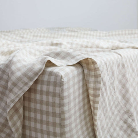 Natural Gingham, Linen Sheet Set, 100% French Flax Linen