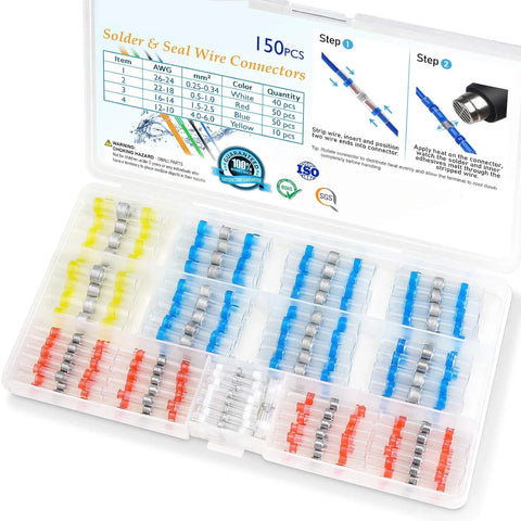 100/120/150/250/300 PCS Solder Seal Wire Connectors Heat Shrink Butt Connectors, Waterproof Insulated Electrical Wire Terminals